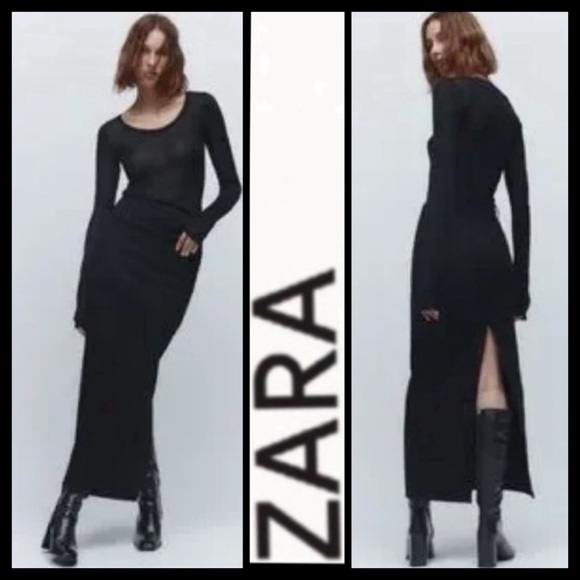 NWOT Zara Black Denim Maxi Skirt with High Slit - Picture 2 of 10